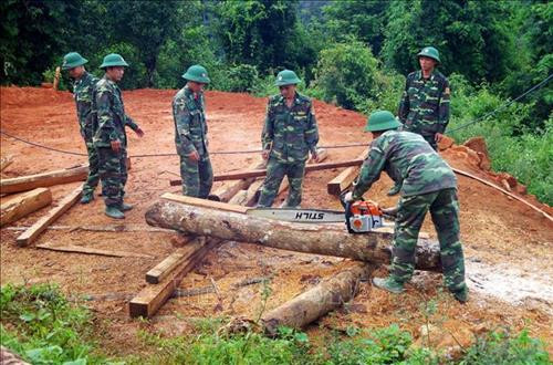 Cán bộ, chiến sỹ Bộ đội Biên phòng Lai Châu sẻ gỗ giúp dân dựng nhà. Ảnh: Công Tuyên-TTXVN