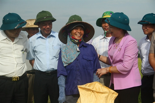 Phó Bí thư Thường trực Thành ủy Hà Nội Ngô Thị Thanh Hằng chia sẻ niềm vui được mùa với bà con nông dân.