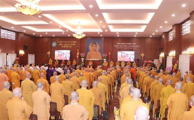 Quang cảnh Hội nghị tổng kết công tác Phật sự năm 2021 của Giáo hội Phật giáo Việt Nam Thành phố Hồ Chí Minh. Ảnh: Xuân Khu-TTXVN Giáo hội Phật giáo Việt Nam Thành phố Hồ Chí Minh tích cực làm từ thiện và hỗ trợ phòng, chống dịch ảnh 1