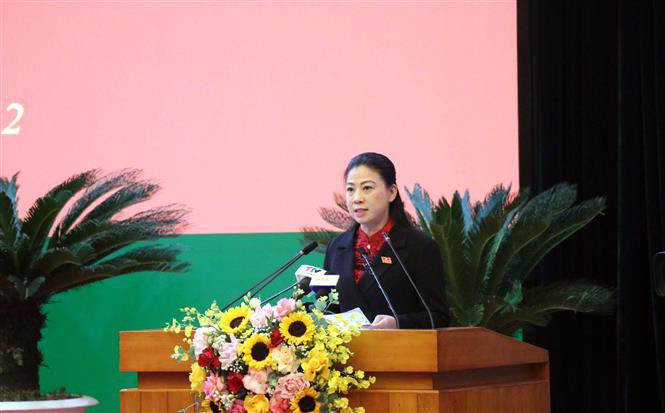 Bà Lê Thị Kim Dung, Chủ tịch HDND tỉnh Tuyên Quang phát biểu tại kỳ họp. Ảnh Vũ Quang – TTXVN Tuyên Quang: Nhiều giải pháp quan trọng phát triển kinh tế - xã hội năm 2023 ảnh 2
