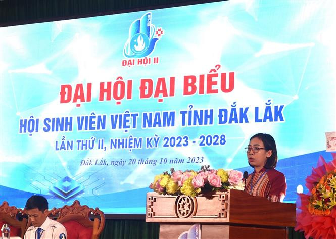 Chị H’Giang Niê, Chủ tịch Hội sinh viên Việt Nam tỉnh Đắk Lắk khóa II, nhiệm kỳ 2023- 2028 phát biểu. Ảnh: Nguyên Dung - TTXVN Sinh viên Đắk Lắk xung kích trong thực hiện chuyển đổi số ảnh 1