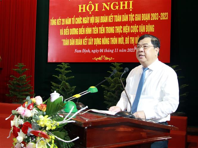 Bí thư Tỉnh ủy Nam Định Phạm Gia Túc phát biểu tại hội nghị. Ảnh: Nguyễn Lành - TTXVN Phát huy sức mạnh khối đại đoàn kết toàn dân tộc ảnh 2