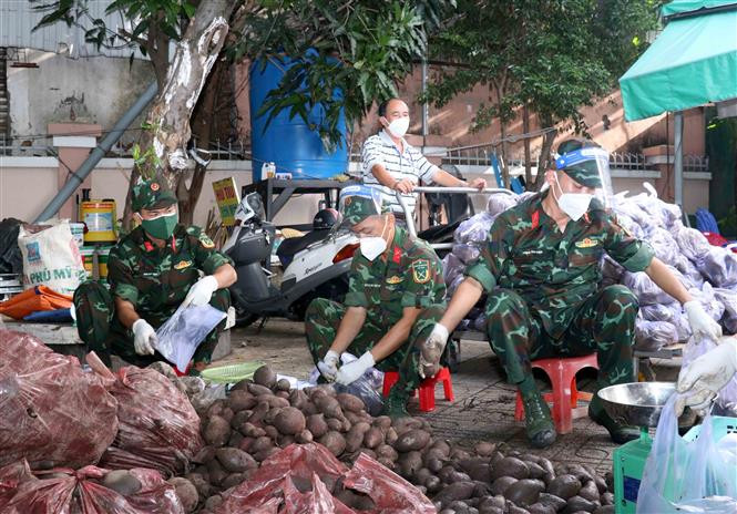 Cán bộ, chiên sỹ Sư đoàn 309 hỗ trợ công tác an sinh xã hội tại phường 6, quận Tân Bình (Thành phố Hồ Chí Minh). Ảnh: Xuân Khu-TTXVN “Gần dân, sát dân” (Bài 1) ảnh 1