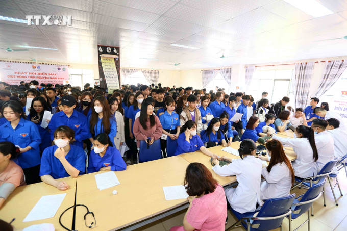 Đông đảo đoàn viên, thanh niên tỉnh Sơn La đến khám sàng lọc để tham gia “Ngày hội hiến máu - Giọt hồng tình nguyện” năm 2024. Ảnh: Quang Quyết - TTXVN vna_potal_son_la_“ngay_hoi_hien_mau_-_giot_hong_tinh_nguyen”_nam_2024_7285510.jpg