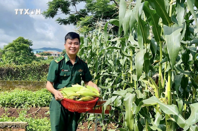 Thiếu tá Nguyễn Văn Bằng mang giống ngô năng suất cao về giúp bà con dân bản xóa đói giảm nghèo. Ảnh: Nguyên Linh-TTXVN vna_potal_nguoi_linh_bien_phong_quang_tri_mang_mua_vang_no_am_den_dan_ban_7647705.jpg