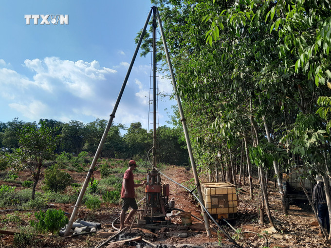 Gia đình ông Điểu Bích, thôn Thác Dài, xã Phú Văn, huyện Bù Gia Mập khoan giếng lấy nước tưới cây cà phê, cây sầu riêng. Ảnh: K GỬIH-TTXVN vna_potal_nguoi_dan_binh_phuoc_dao_ao_khoan_gieng_de_ung_pho_han_han_keo_dai_7335648.jpg