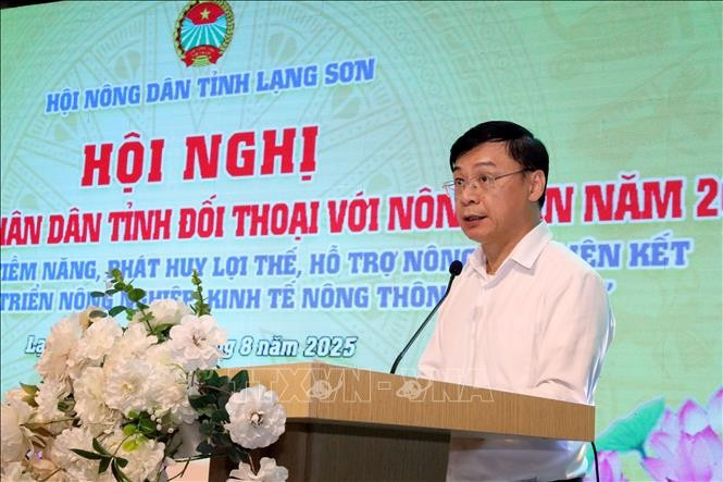 Chủ tịch Hội Nông dân tỉnh Lạng Sơn Hoàng Văn Ngôn phát biểu tại Hội nghị đối thoại giữa Chủ tịch UBND tỉnh Lạng Sơn với nông dân năm 2025. doithoai-lson2.jpg