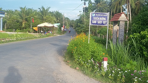Tuyến đường xanh - sạch - đẹp tại Huyện lộ 23B được Hội Phụ nữ xã Hòa Định (huyện Chợ Gạo, tỉnh Tiền Giang) vận động hội viên phụ nữ trồng hoa. Ảnh: tiengiang.gov.vn