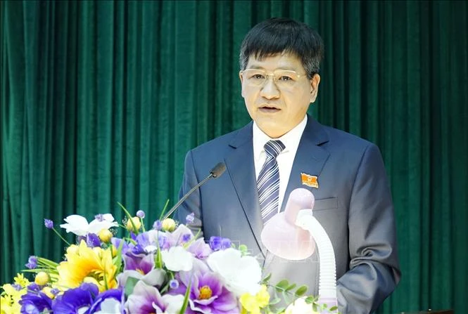 Tân Chủ tịch UBND tỉnh Điện Biên Lê Thành Đô phát biểu nhận nhiệm vụ. Ảnh: Xuân Tư – TTXVN