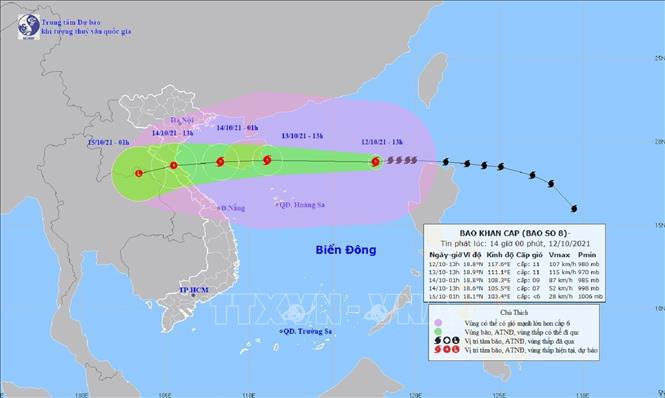 Bản đồ đường đi của Bão số 8. Ảnh: TTXVN