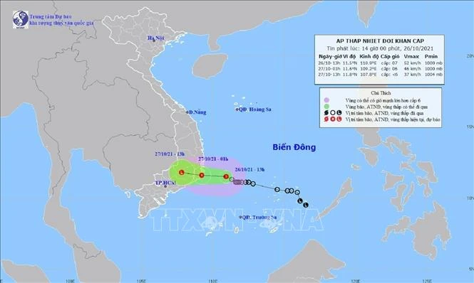 Bản đồ đường đi của vùng áp thấp chiều 26/10. Ảnh: TTXVN phát