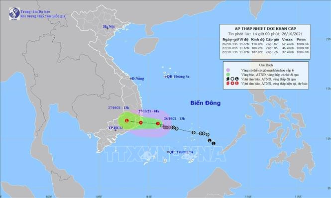 Bản đồ đường đi của vùng áp thấp chiều 26/10. Ảnh: TTXVN phát