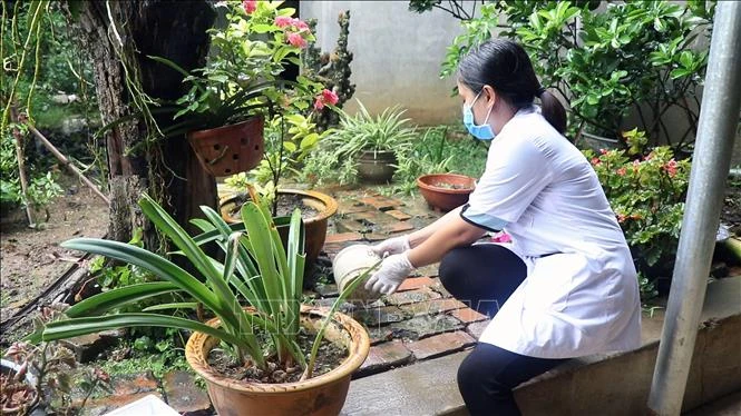 Cán bộ trạm y tế thị trấn Hát Lót (Sơn La) tăng cường phòng, chống dịch bệnh sốt xuất huyết. Ảnh: Hữu Quyết - TTXVN