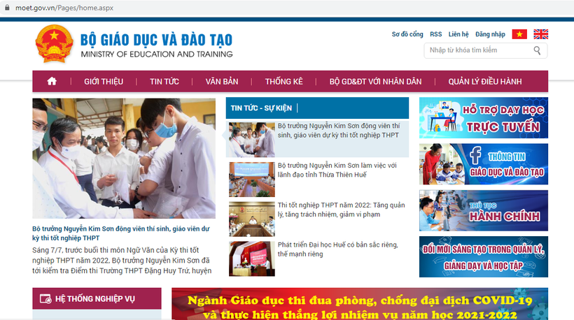 Giao diện Cổng thông tin điện tử Bộ Giáo dục và Đào tạo tại địa chỉ https://moet.gov.vn/Pages/home.aspx. Ảnh: DTMN