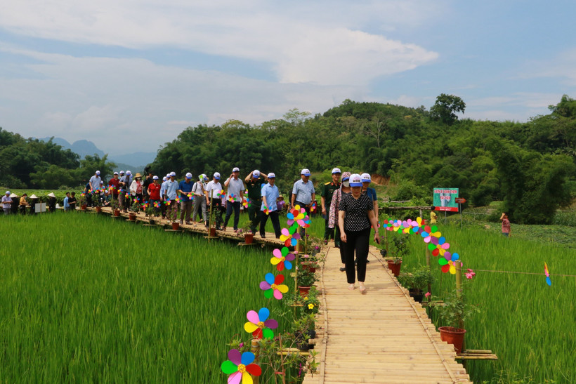 Khách tham quan khu trồng bí xanh tại xã Địa Linh, huyện Ba Bể (Bắc Kạn). Ảnh TTXVN phát