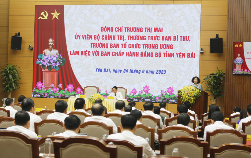 Thường trực Ban Bí thư, Trưởng Ban tổ chức Trung ương Trương Thị Mai phát biểu tại buổi làm việc với Ban Chấp hành Đảng bộ tỉnh Yên Bái. Ảnh: Tuấn Anh - TTXVN