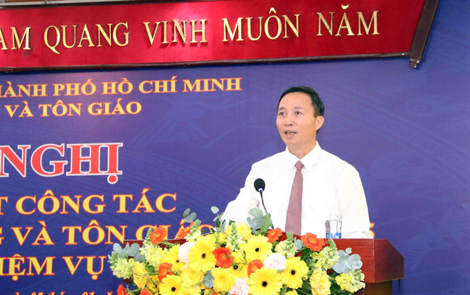 Ông Vũ Hoài Bắc, Trưởng Ban Tôn giáo Chính phủ, Bộ Dân tộc và Tôn giáo, phát biểu tại Hội nghị.