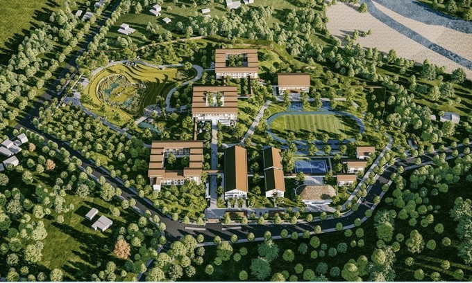 Phối cảnh công trình trường Phổ thông nội trú liên cấp Tiểu học và Trung học cơ sở tại xã A Lưới 1 (Huế). Ảnh: TTXVN phát