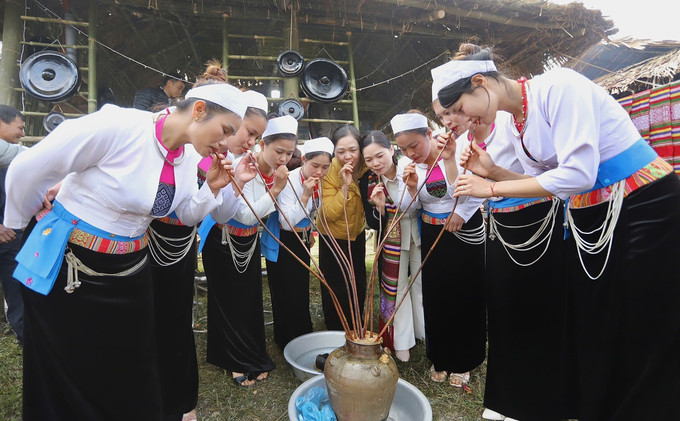 Du khách tham gia thưởng thức rượu cần cùng các cô gái dân tộc Mường tại ngày hội. Ảnh: Trọng Đạt-TTXVN