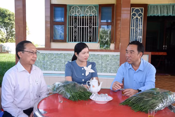 Chủ tịch UBND tỉnh Cà Mau Lữ Quang Ngời (phải) khảo sát thực tế hoạt động của hợp tác xã Dịch vụ nông nghiệp Hưng Thành Phát trồng hẹ tại ấp Quốc Kỷ, xã Hưng Hội.