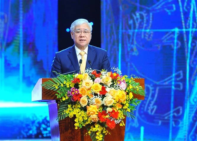 Đồng chí Đỗ Văn Chiến, Bí thư Trung ương Đảng, Chủ tịch UBTƯ MTTQ Việt Nam phát biểu tại lễ trao giải. Ảnh: Minh Đức – TTXVN