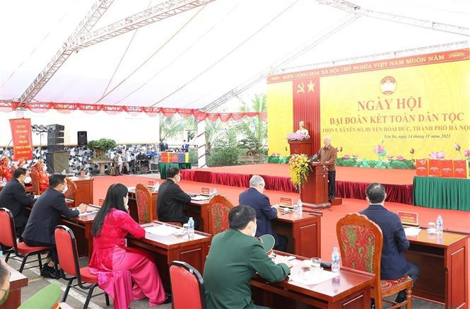 Tổng Bí thư Nguyễn Phú Trọng phát biểu tại Ngày hội Đại đoàn kết toàn dân tộc ở thôn 5, xã Yên Sở, huyện Hoài Đức. Ảnh: Trí Dũng –TTXVN