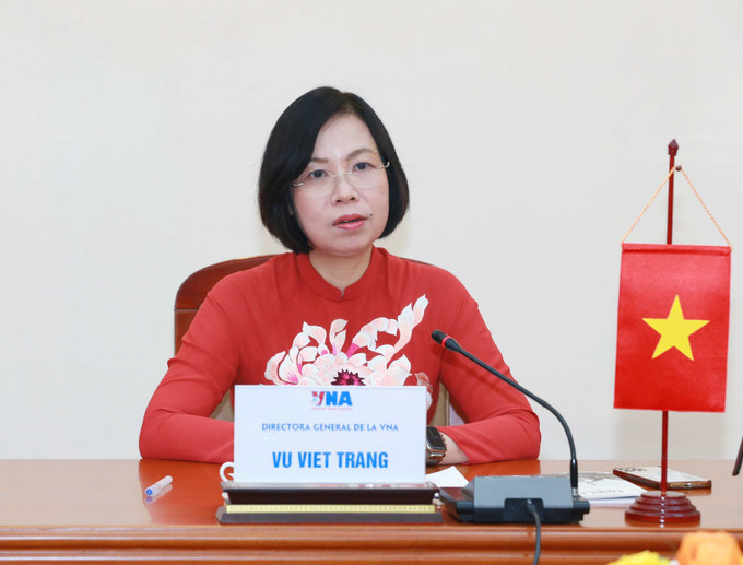 Tổng Giám đốc Thông tấn xã Việt Nam Vũ Việt Trang phát biểu tại hội đàm. Ảnh: Phương Hoa - TTXVN Khẳng định mối quan hệ hợp tác, gắn bó hơn 6 thập kỷ giữa hai Hãng Thông tấn Việt Nam - Cuba ảnh 2