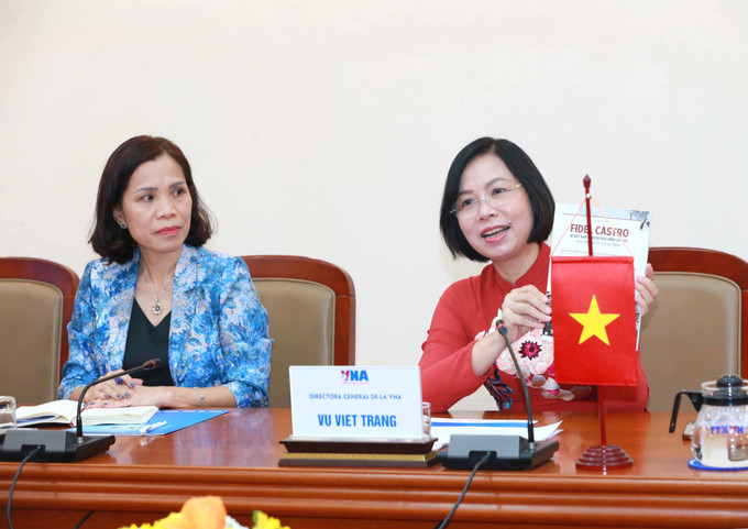 Tổng Giám đốc Thông tấn xã Việt Nam Vũ Việt Trang phát biểu tại hội đàm. Ảnh: Phương Hoa - TTXVN Khẳng định mối quan hệ hợp tác, gắn bó hơn 6 thập kỷ giữa hai Hãng Thông tấn Việt Nam - Cuba ảnh 4