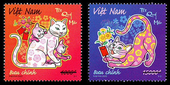 Hai mẫu tem trong bộ tem Tết Quý Mão 2023. Ảnh: vtv.vn Tết Quý Mão nói chuyện hình tượng mèo trong tem bưu chính ảnh 1