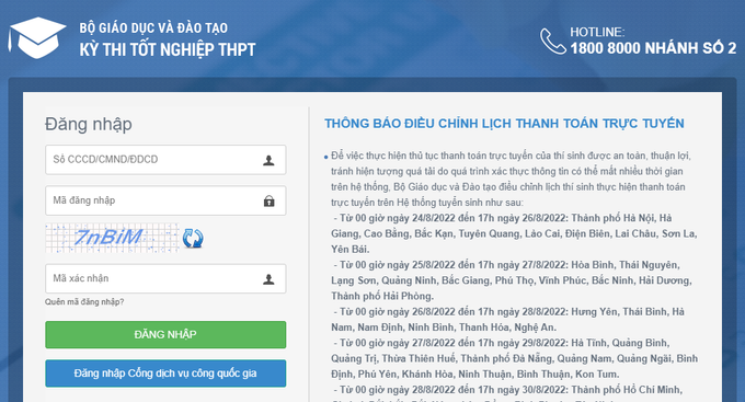 Thí sinh vào địa chỉ thisinh.thitotnghiepthpt.edu.vn/Account/Login trên Internet để đăng nhập và làm thủ tục thanh toán trực tuyến. Ảnh: DTMN Bộ Giáo dục và Đào tạo điều chỉnh lịch phân luồng thí sinh thanh toán trực tuyến lệ phí xét tuyển đại học 2022 ảnh 1