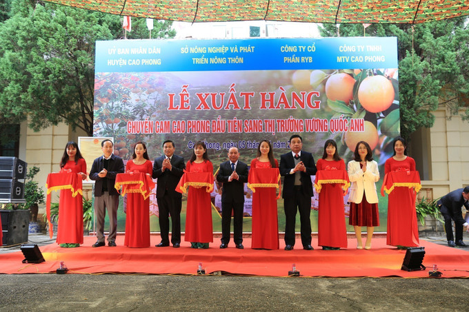 Lễ cắt băng cho chuyến hàng xuất khẩu cam Cao Phong đầu tiên sang thị trường Anh quốc trong năm 2023. Ảnh: Trọng Đạt -TTXVN Xuất chuyến hàng cam Cao Phong đầu tiên sang Anh ảnh 1