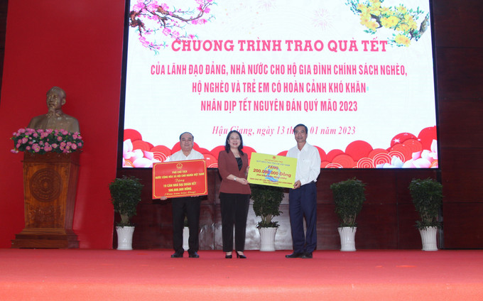 Phó Chủ tịch nước Võ Thị Ánh Xuân trao bảng tượng trưng tặng nhà Đại đoàn kết và quà Tết tại chương trình. Ảnh: Hồng Thái - TTXVN Phó Chủ tịch nước Võ Thị Ánh Xuân trao quà Tết tặng gia đình chính sách, hộ nghèo tại Hậu Giang ảnh 2