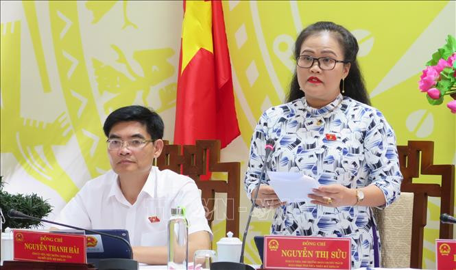 Phó Trưởng đoàn Đại biểu Quốc hội tỉnh Thừa Thiên – Huế Nguyễn Thị Sửu phát biểu. Ảnh: Tường Vi - TTXVN Kỳ họp bất thường, Quốc hội khóa XV: Sửa đổi, bổ sung luật để kịp thời tháo gỡ khó khăn, vướng mắc về cơ chế, chính sách ảnh 1