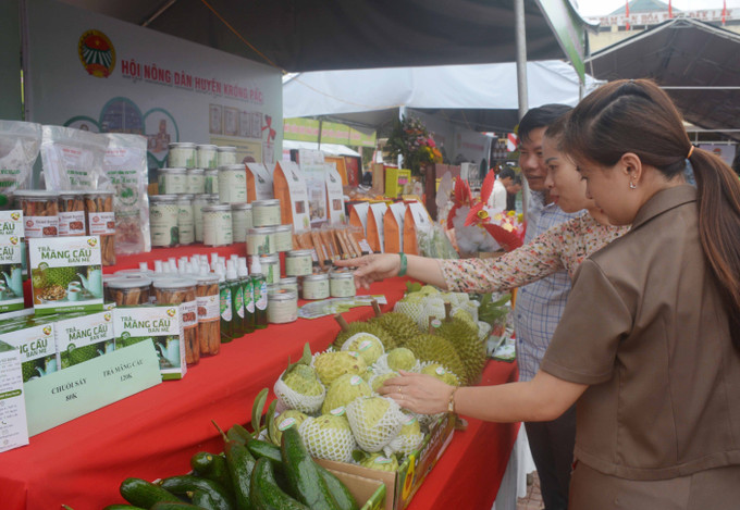 Giới thiệu, quảng bá sản phẩm khởi nghiệp của nông dân và nông sản tại các gian hàng. Ảnh: Hoài Thu - TTXVN Đắk Lắk thúc đẩy sản xuất nông nghiệp theo hướng nông sản an toàn, nông nghiệp bền vững ảnh 3