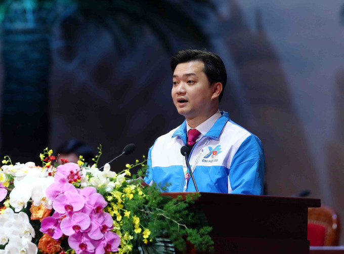 Bí thư Trung ương Đoàn Nguyễn Minh Triết phát biểu. Ảnh: Phạm Kiên - TTXVN Khai mạc Đại hội Đoàn toàn quốc lần thứ XII ảnh 4