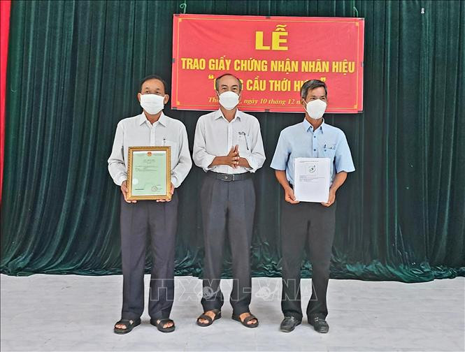 Đại diện Sở NN&PTNT thành phố Cần Thơ trao Giấy chứng nhận nhãn hiệu "Mãng cầu Thới Hưng" cho đại diện HTX mãng cầu Thới Hưng. Ảnh: Thu Hiền -TTXVN Cần Thơ: Nhãn hiệu "Mãng cầu Thới Hưng" được bảo hộ ảnh 1