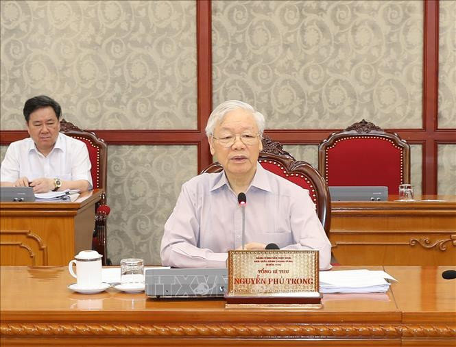 Tổng Bí thư Nguyễn Phú Trọng phát biểu kết luận cuộc họp. Ảnh: Trí Dũng - TTXVN Tổng Bí thư Nguyễn Phú Trọng: Toàn hệ thống chính trị tập trung cao nhất cho công tác phòng, chống dịch COVID-19 ảnh 2
