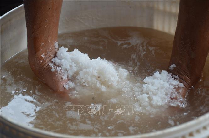Công đoạn pha nước muối để muối ba khía. Ảnh: Huỳnh Anh - TTXVN Độc đáo nghề muối ba khía - di sản văn hóa phi vật thể quốc gia ảnh 3