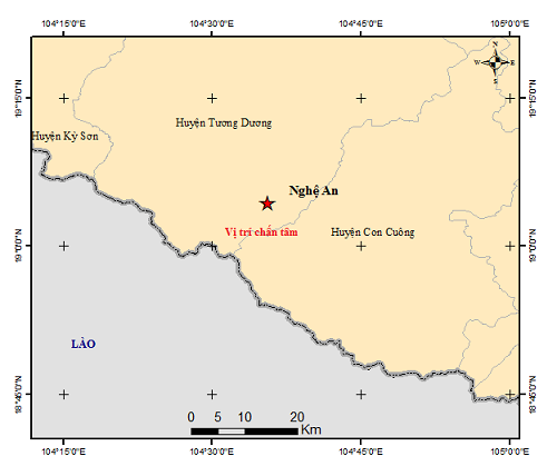 Bản đồ chấn tâm trận động đất. Ảnh: igp-vast.vn Xảy ra động đất có độ lớn 4.1 tại huyện Tương Dương ảnh 1