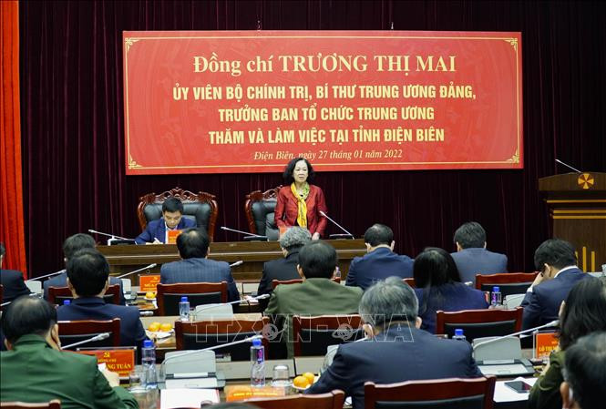 Trưởng Ban Tổ chức Trung ương Trương Thị Mai làm việc với Ban Thường vụ Tỉnh ủy Điện Biên. Ảnh: Xuân Tư – TTXVN Trưởng ban Tổ chức Trung ương Trương Thị Mai thăm, chúc Tết tại tỉnh Điện Biên ảnh 1
