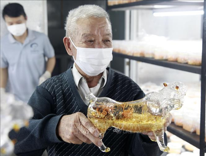 Bình rượu hình con hổ chuẩn bị cho Tết Nguyên đán Nhâm Dần 2022. Ảnh: Lê Ngọc Phước- TTXVN Con hổ và dấu ấn trong đời sống văn hoá Việt ảnh 1