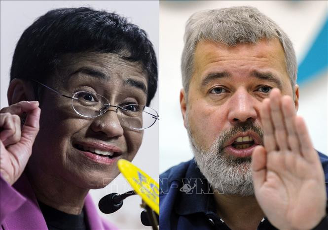 Nhà báo người Mỹ gốc Philippines Maria Ressa (trái) và nhà báo Nga Dmitry Muratov (phải) được trao giải Nobel Hòa bình 2021. Ảnh: AFP/TTXVN Giải Nobel Hòa bình 2021 và các Giải Nobel Hòa bình trong 10 năm trở lại đây ảnh 1