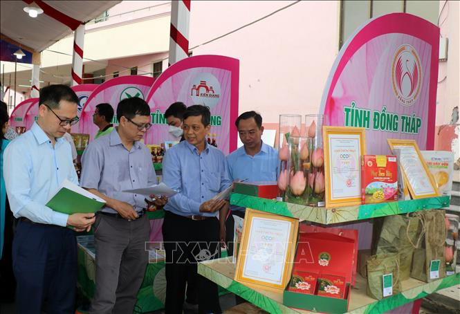 Ban Tổ chức chấm điểm các sản phẩm OCOP dự thi. Ảnh: Nhựt An - TTXVN Có 23 sản phẩm OCOP đạt Chứng nhận tiêu biểu vùng Đồng bằng sông Cửu Long ảnh 2