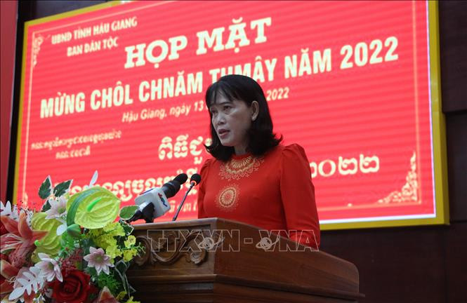 Phó Chủ tịch UBND tỉnh Hậu Giang Hồ Thu Ánh phát biểu tại buổi Họp mặt. Ảnh: Hồng Thái - TTXVN Hậu Giang tập trung thực hiện tốt các chủ trương, chính sách về công tác dân tộc ảnh 1