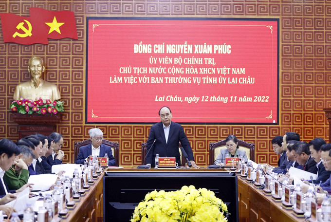 Chủ tịch nước Nguyễn Xuân Phúc phát biểu chỉ đạo. Ảnh: Thống Nhất - TTXVN Chủ tịch nước Nguyễn Xuân Phúc: Giảm nghèo bền vững vẫn là nhiệm vụ trọng tâm của Lai Châu ảnh 1