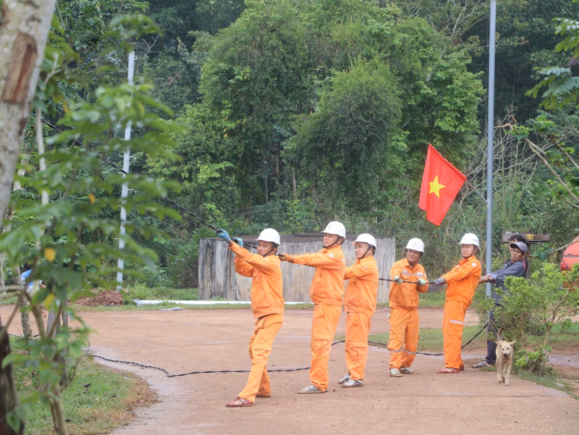 Kéo đường dây hạ thế phục vụ cấp điện cho người dân bản PLoang, xã Trường Sơn. Ảnh: TTXVN phát