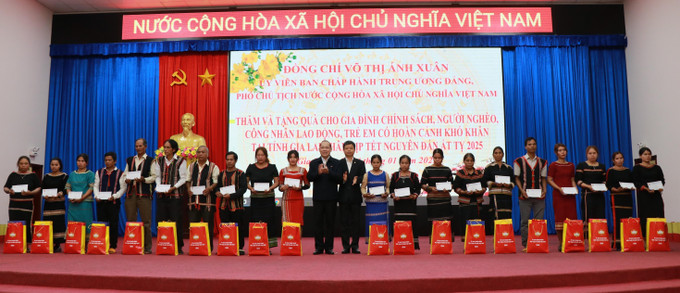 Tặng quà cho gia đình chính sách, người lao động, người nghèo tại Gia Lai. Ảnh: Hồng Điệp - TTXVN potal-pho-chu-tich-nuoc-vo-thi-anh-xuan-tham-chuc-tet-tai-gia-lai-7806975.jpg
