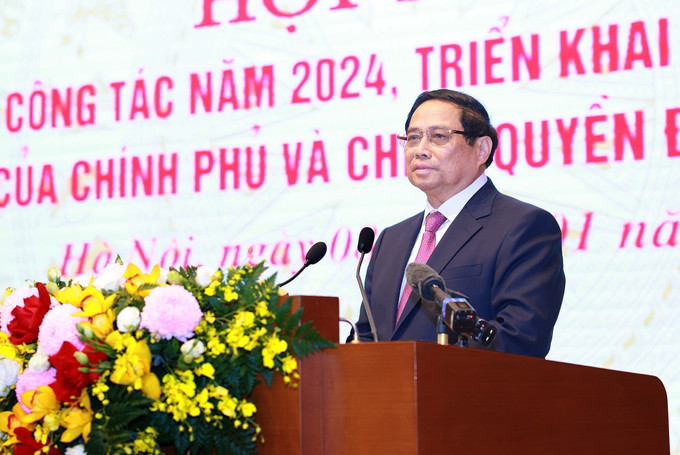 Thủ tướng Phạm Minh Chính phát biểu tại Hội nghị trực tuyến tổng kết công tác năm 2024, triển khai nhiệm vụ năm 2025 của Chính phủ và chính quyền địa phương theo hình thức trực tuyến tại trụ sở Chính phủ với điểm cầu 63 tỉnh, thành phố trực thuộc Trung ương ngày 8/1/2025 tại Hà Nội. Ảnh: Dương Giang-TTXVN potal-hoi-nghi-tong-ket-cong-tac-nam-2024-trien-khai-nhiem-vu-nam-2025-cua-chinh-phu-va-chinh-quyen-dia-phuong-7795961.jpg