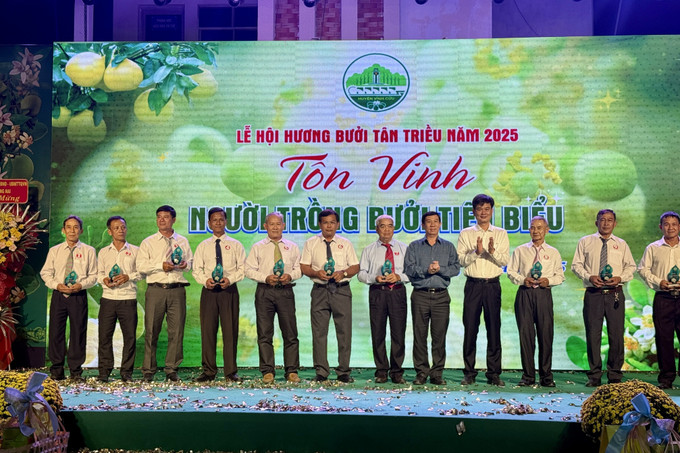 Ban Tổ chức tôn vinh những người trồng bưởi tiêu biểu của huyện Vĩnh Cửu, tỉnh Đồng Nai. Ảnh: Lê Xuân-TTXVN potal-dong-nai-to-chuc-le-hoi-huong-buoi-tan-trieu-7811121.jpg
