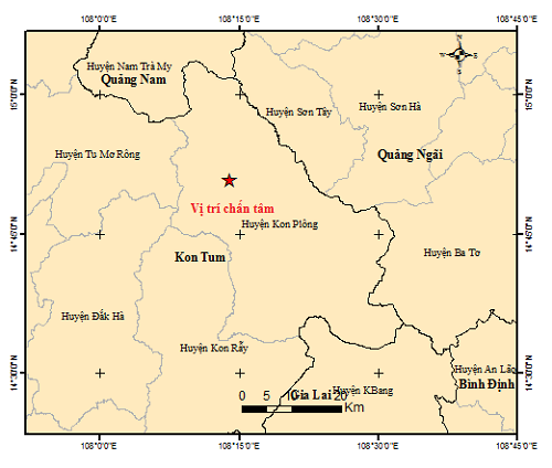 Bản đồ chấn tâm trận động đất xảy ra vào khoảng 4 giờ 51 phút 17 giây (GMT), ngày 10/5, tức 11 giờ 51 phút 17 giây, ngày 10/5 (giờ địa phương) tại tọa độ 14.847 độ Vĩ Bắc - 108.233 độ Kinh Đông, độ sâu chấn tiêu khoảng 8,2 km. Ảnh: igp-vast.vn 10_05_2024_V_2.png